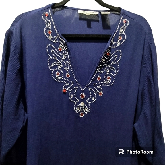 Cathy Daniels 1X 100% Viscose Beaded V Neck Ribbed Blouse Boho Embellished - Picture 3 of 8